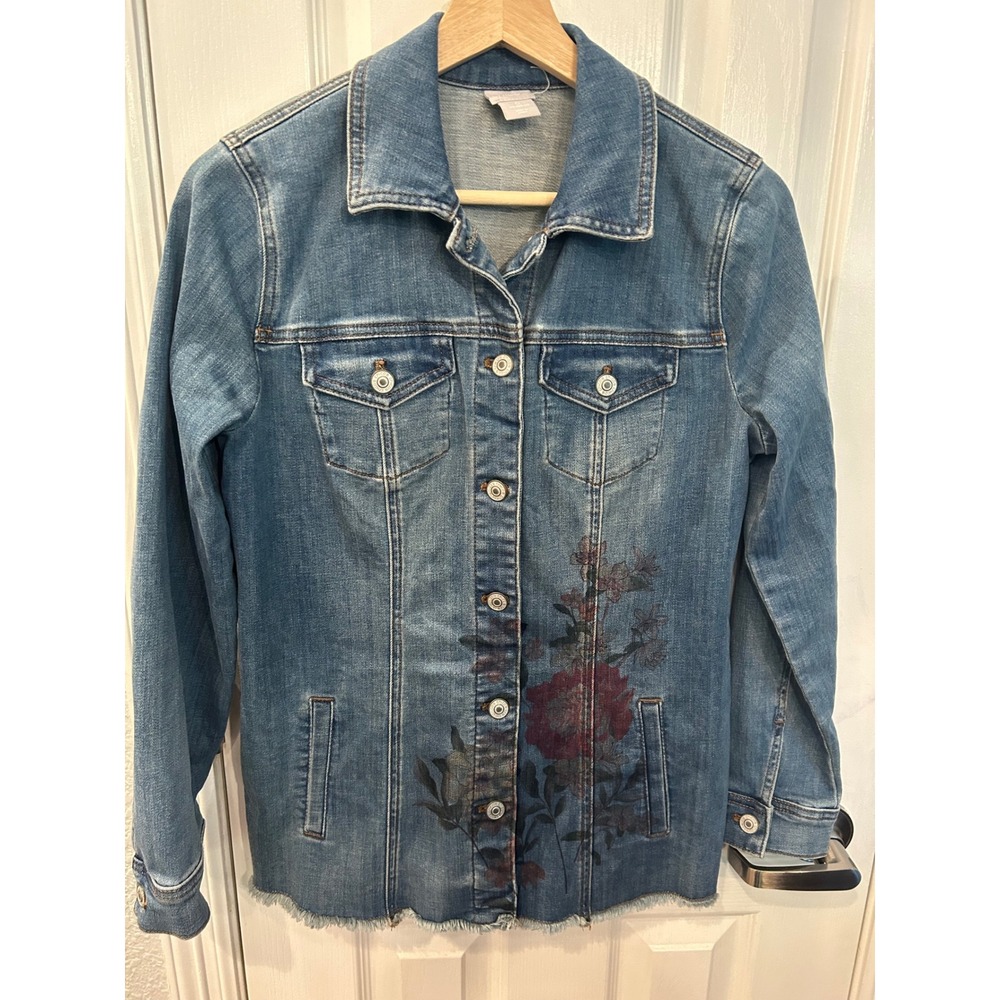 Chico's Denim Jacket Blue Floral Print Frayed Hem Button Front Trucker Jean Coat